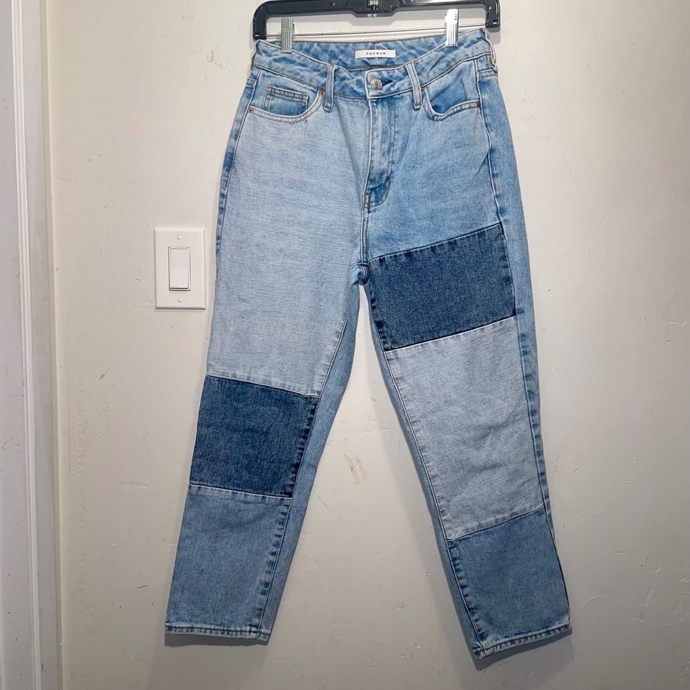PacSun Patchwork High Waisted Mom Jeans Blue Multi Tone Denim Cotton Womens